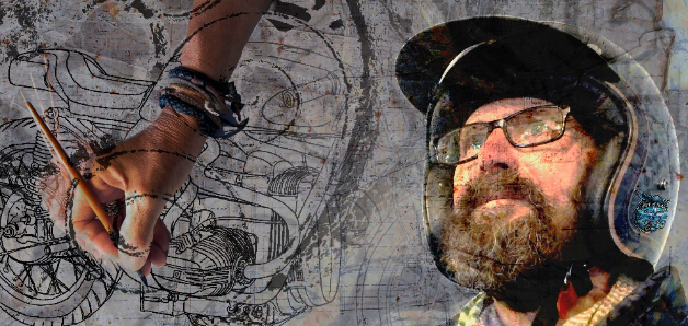 Artist with a beard and glasses holding a paintbrush, with artistic illustrations in the background.